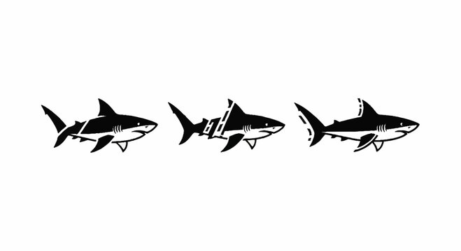 Three stylized black and white shark illustrations in sequence.