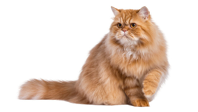 Fluffy ginger Persian cat with long fur, sitting elegantly isolated on transparent background