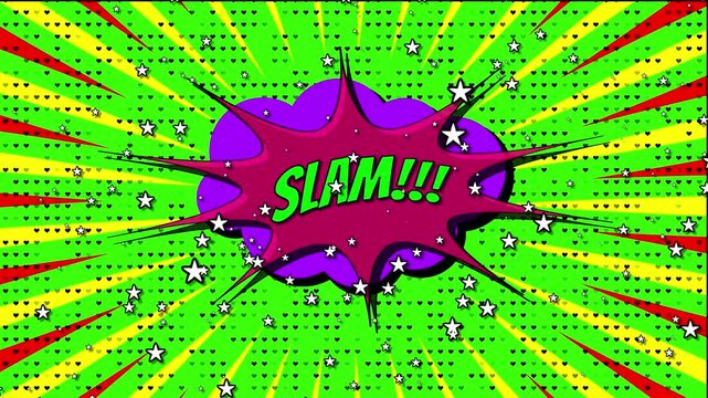 High Energy Retro Comic Book Animation Featuring Green Slam Text In A Maroon Jagged Bubble. Vibrant Sunburst Background Uses Yellow And Green Rays Over Black Heart Patterns. White Stars Explode In