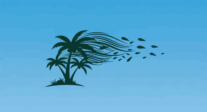 Silhouette of palm trees in strong wind, with leaves scattered