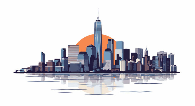 Stylized cityscape with tall buildings and a reflection in the water, against a sunset