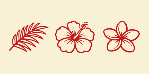 Tropical flowers and palm leaf doodle vector illustration set. Hand drawn sketchy hibiscus and plumeria frangipani blossoms with fine red line art detail. Minimalist exotic floral design elements isol © Nh Parvej