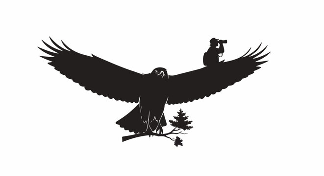 Silhouette of a soaring eagle with a photographer perched on its wing against a white background