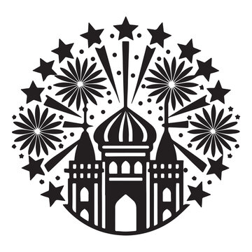 Black silhouette of a mosque with fireworks and stars  a festive scene of a building with a dome and towers surrounded by exploding fireworks and star shapes
