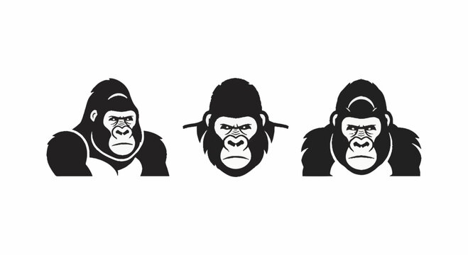 Three Gorilla Head Illustrations With Different Expressions.