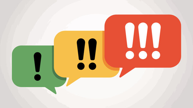 Three colorful speech bubble icons with exclamation marks showing increasing excitement