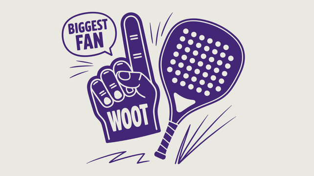 Biggest fan cheer with foam finger and tennis racket illustration