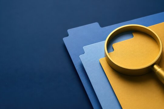 Document search concept with magnifying glass on layered file folders and organized paper archive