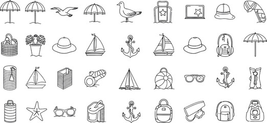 Fototapeta premium Summer beach collection line art icons featuring nautical elements coastal accessories and seaside leisure activities isolated on transparent background
