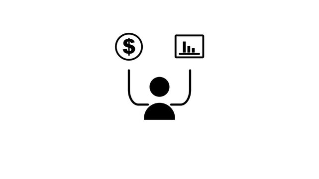 Minimalist black business icon of a person holding a dollar sign and growth chart on white background, financial manager and investment analysis concept with on 4k video animation.