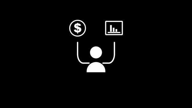 Minimalist white business icon of a person holding a dollar sign and growth chart on black background, financial manager and investment analysis concept with on 4k video animation.