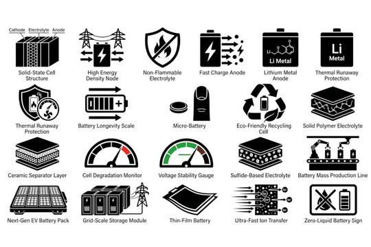 Solid state battery tech icons set featuring solid state cell structure high energy density node non flammable electrolyte lithium metal anode thermal runaway protection on white background