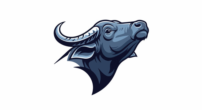 Stylized dark blue buffalo head with upward gaze and curved horns