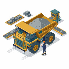 Large yellow mining dump truck with worker and conveyor belts. © karina