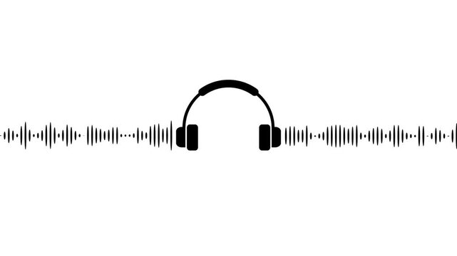 Black color headphones icon with moving audio waveform spectrum on white background, digital sound equalizer bars for music and podcast 4k loop.