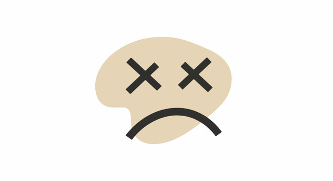 Simple graphic of a sad face with eyes crossed out and a curved mouth on a beige blob