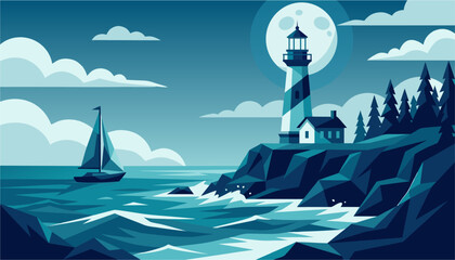 Nautical lighthouse landscape at night, coastal scene with sailboat and full moon, blue monochromatic flat vector illustration of ocean waves and cliffs © Designer Raian