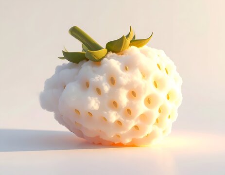 Close-up of a unique white strawberry with green leaves.