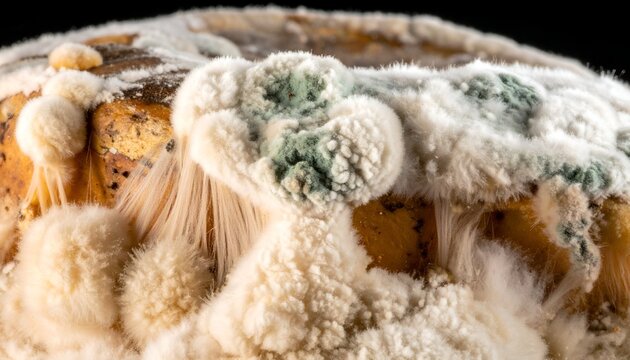 Moldy bread surface with white and green fungal growth.