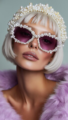 Fototapeta premium Blonde woman wears pearl-embellished sunglasses and a pearl headband on a pale green background. Luxury fashion and beauty concept for eyewear ads, cosmetics branding and editorial use.