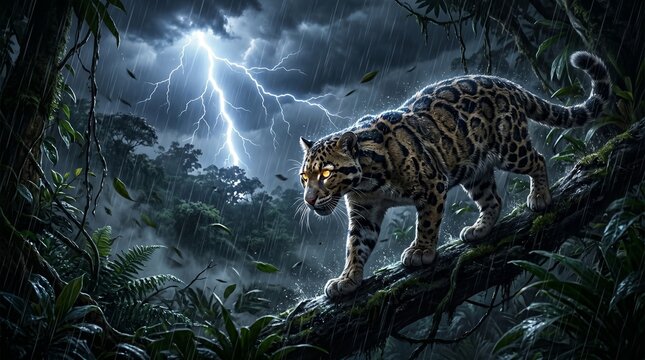 International Clouded Leopard Day Storm Phantom Lightning Rainforest Wildlife Illustration.