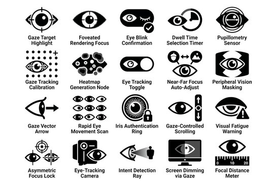 Eye tracking and gaze selection silhouette icon set featuring foveated rendering focus blink confirmation tracking calibration and iris authentication icons
