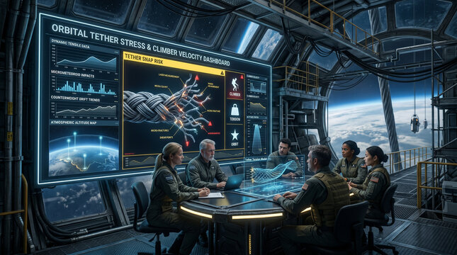 Five structural engineers in flight suits monitoring an orbital tether stress and climber velocity dashboard at a stratospheric space elevator anchor station with holographic displays