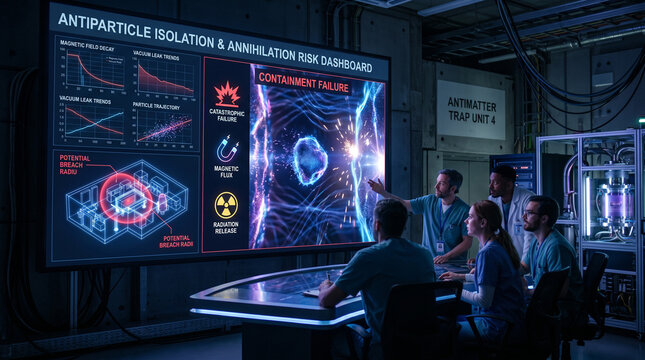 Five physicists in a high-tech facility monitoring an antimatter containment failure on a large digital risk dashboard with glowing energy visuals and warning alerts