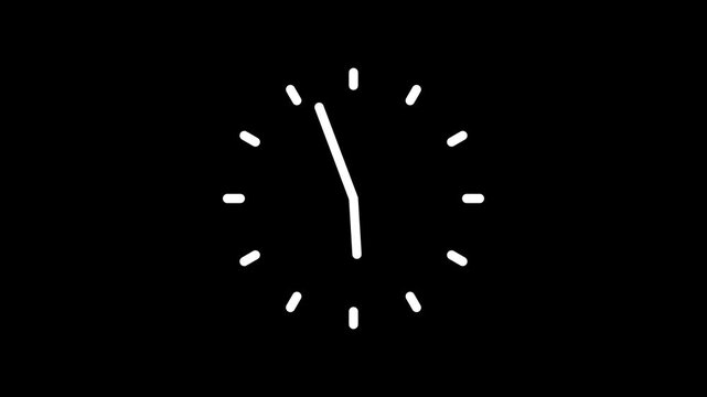 Minimalist white wall clock animation with spinning hands on black background, simple analog clock with dot markings for time lapse and countdown 4k video animation.