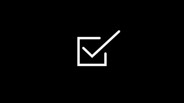 White color check mark icon in square box on black background, simple tick symbol animation for completed tasks and successful approval 4k video animation.