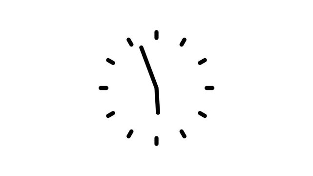 Minimalist black wall clock animation with spinning hands on white background, simple analog clock with dot markings for time lapse and countdown 4k video animation.