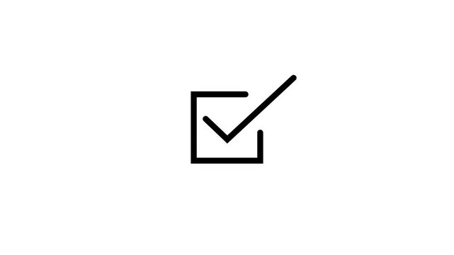 Black color check mark icon in square box on white background, simple tick symbol animation for completed tasks and successful approval 4k video animation.