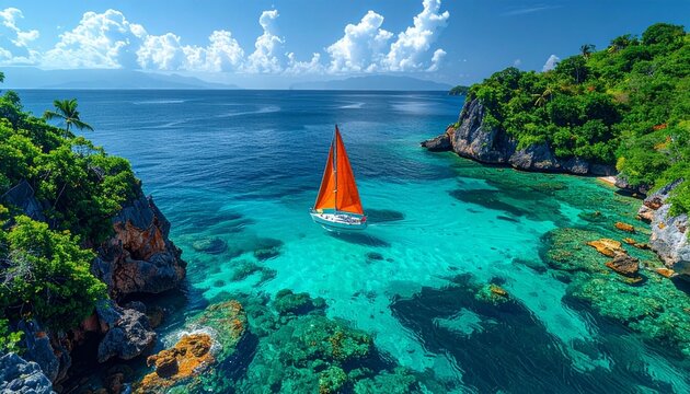 An aerial photograph shows an orange sailboat gliding through a tropical bay. The sea is clear, emerald green, turquoise, and sunny. Summer vacation, luxury yacht trips, paradise island coastlines, re