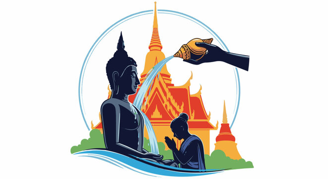 Stylized Buddha statue with a devotee performing a water ritual before ornate temple buildings