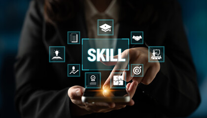 Fototapeta premium Digital Innovation and Professional Development Concept with Icons Representing Skill Enhancement and Learning on a Mobile Device Screen Fluxor.