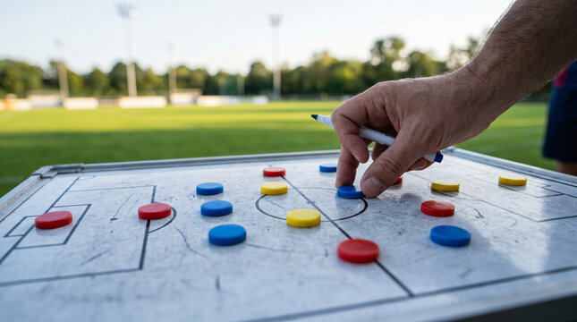 Coach analyzes strategy on soccer field board