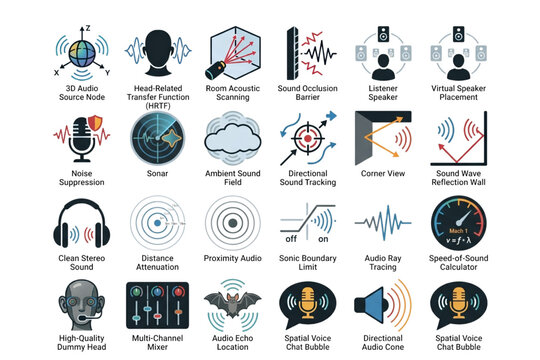 Spatial audio mapping icon set featuring acoustic room configuration head related transfer function and colorful immersive sound localization silhouettes