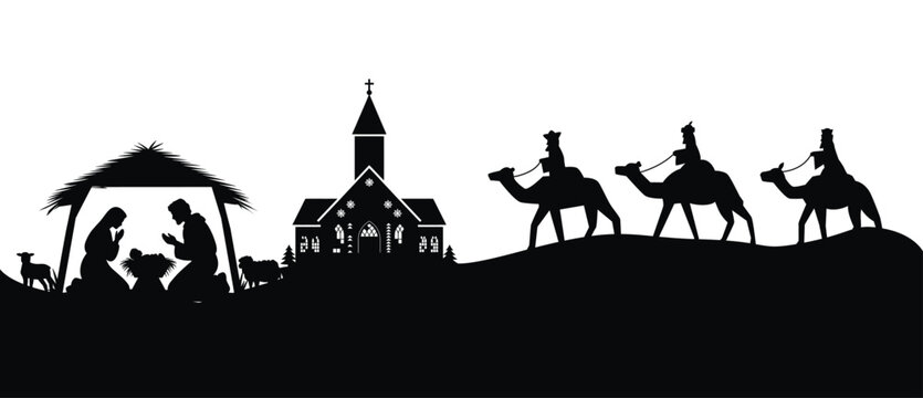 Nativity scene silhouette Mary Joseph baby Jesus bethlehem silhouette religious holy sacred story bible tradition