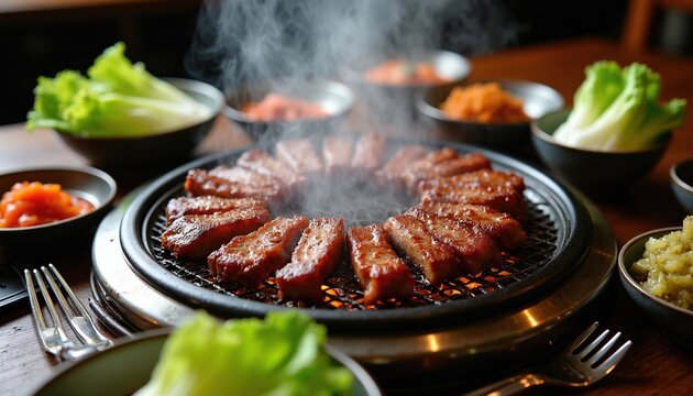 Korean BBQ pork belly sizzles on grill. Steam rises from meat cooking over coals. Lettuce, kimchi, and dipping sauces served alongside. A delicious meal for friends and family.