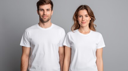 Obraz premium A man and a woman stand side by side wearing plain white t-shirts, smiling slightly against a neutral gray background.