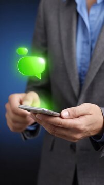 Professional operating mobile device, luminous green chat bubbles, depicting modern digital communication, global social interaction, instant networking solutions