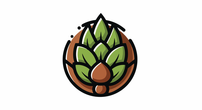 Stylized illustration of a hop cone with green leaves within a brown circle