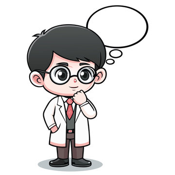 Cute cartoon doctor or scientist character pondering with a blank thought bubble for creative ideas