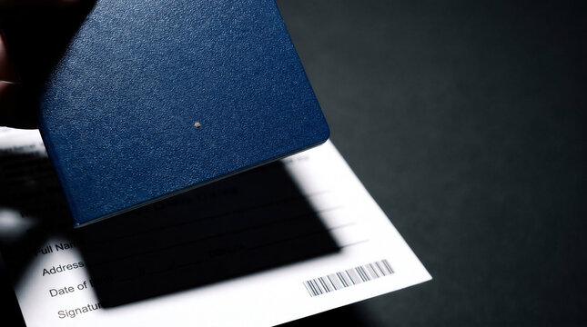 Passport Casting Oppressive Shadow Over Voter Registration Form &ndash; Document Gatekeeper Macro &ndash; Proof of Citizenship Barrier &ndash; Low‑Key Hard Edge Light