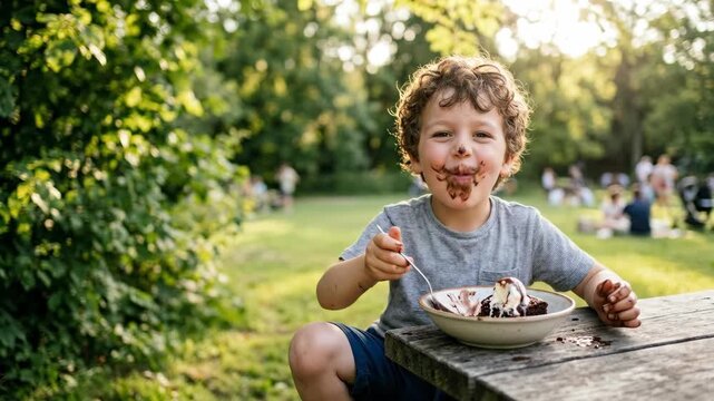 Child smiling in outdoor park summer picnic enjoying messy chocolate ice cream dessert sundae at wooden table, playful candid fun moment