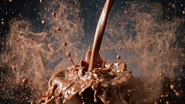 Chocolate splash liquid cocoa milk drink pour droplet in glass, dramatic pouring splash with flying droplet on dark background macro dessert beverage