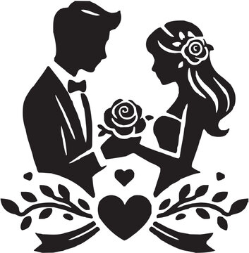 Romantic Wedding Couple Silhouette with Floral Heart Design