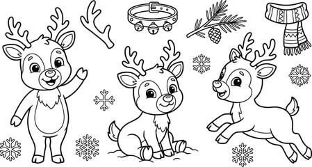 Obraz premium Cute Christmas Reindeer Cartoon Outline Icon Set with Snowflake Bell Collar and Scarf for Coloring Page Designs