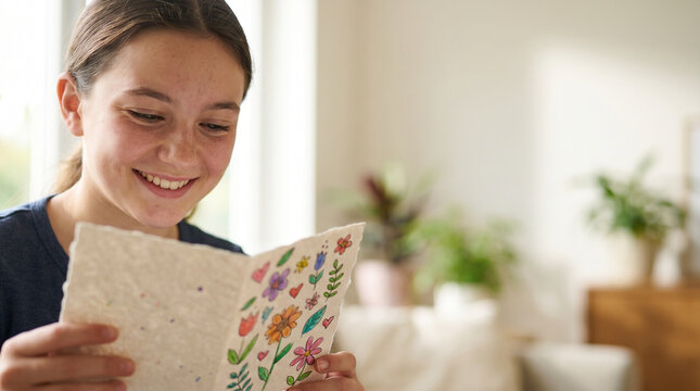 Teen joyfully holding a handmade friendship card with floral design, sitting in a sunlit room with blurred plants in the background, conveying warmth and connection