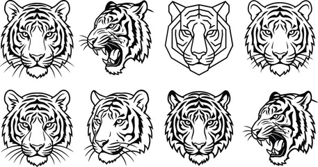 Tiger Head Portrait Black Silhouette Icon Set Featuring Roaring Tribal Mascot and Geometric Polygonal Face Designs © MdAungur